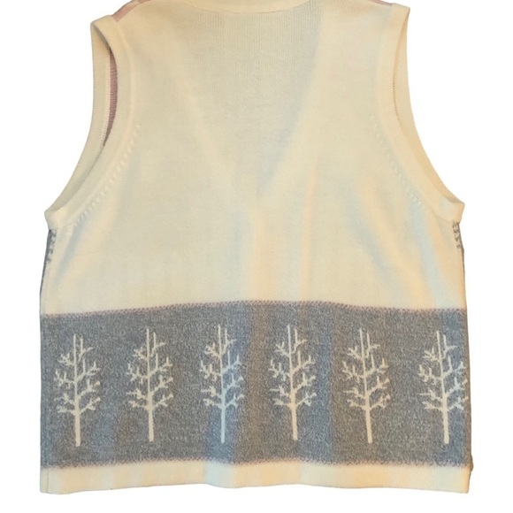VTG TanJay Winter Vest L Cozy Trees Seed Pearls Gray Pink Cream Button Front - Picture 6 of 6